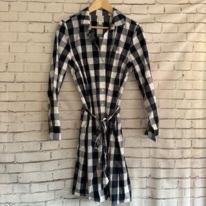 Navy and White Checkered Plaid Shirt Dress